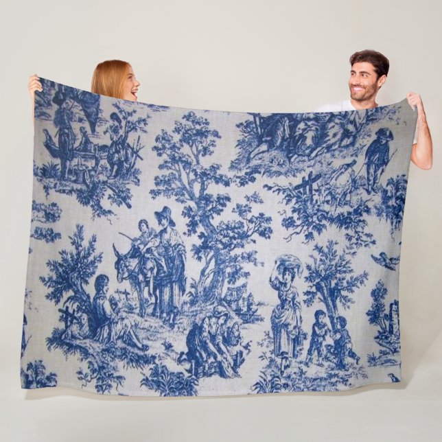 Couverture Polaire Française toile de jouy bleu et blanc élégant (En situation)