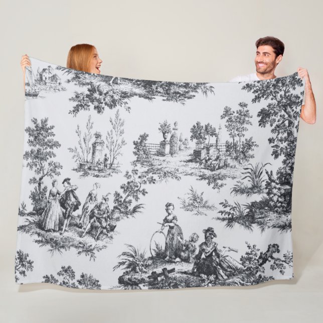 Couverture Polaire Française toile de jouy noir et blanc élégant (En situation)