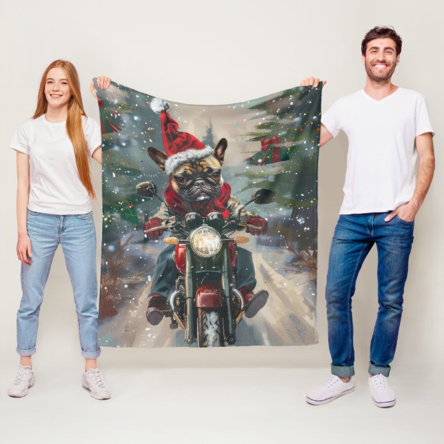 Couverture Polaire French Bulldog Riding Moto Noël (En situation)