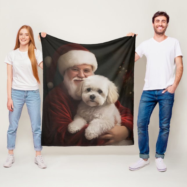 Couverture Polaire Frise de Bichon avec Noël Festif du Père Noël (En situation)