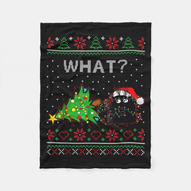 Couverture Polaire Funny Black Cat Gift Pushing Christmas Tree Over C (Devant)