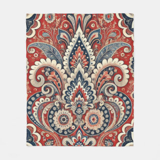 Couverture Polaire Fusion florale Paisley en rouge, blanc et bleu