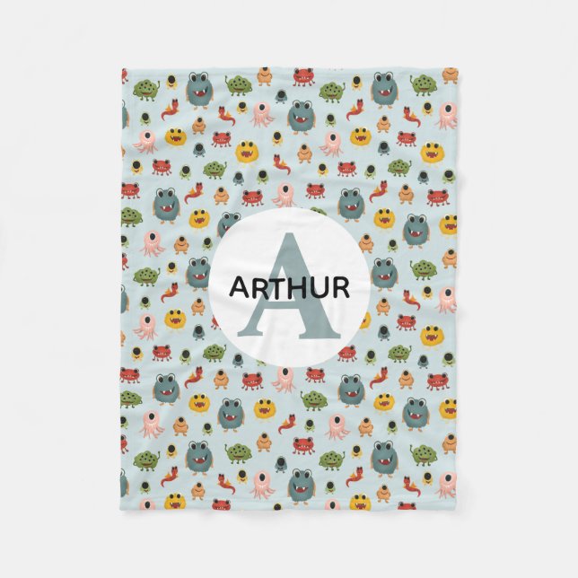 Couverture Polaire Garçons Bleu mignon Monstre Alien Monogramme Enfan (Devant)