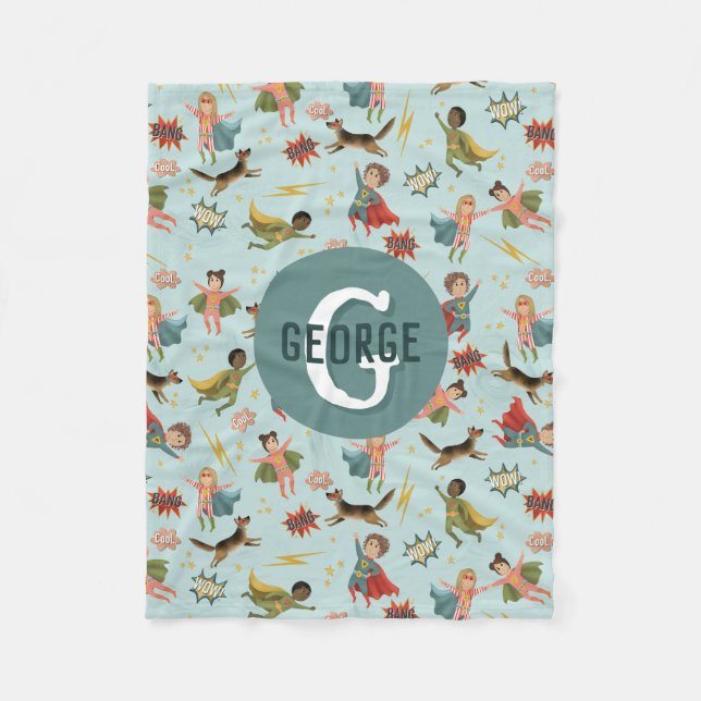 Couverture Polaire Garçons Cool Superhero Motif Monogramme Nom Enfant (Devant)