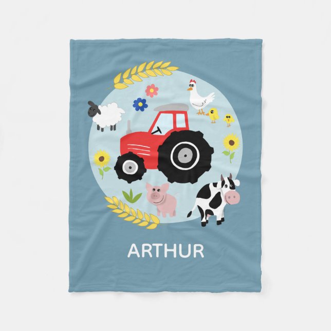 Couverture Polaire Garçons Cute Blue Farm Animaux Tracteur & Nom Enfa (Devant)