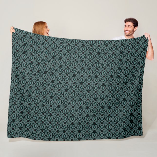 Couverture Polaire Gems Tribal Noir & Motif Turquoise Fleece Blanche (En situation)