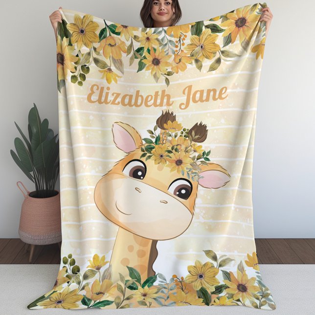 Couverture Polaire Girafe de Whimsical avec Fleurs de Soleil + Nom pe (Whimsical Giraffe with Sunflowers + Custom Name Fleece Blanket (L))