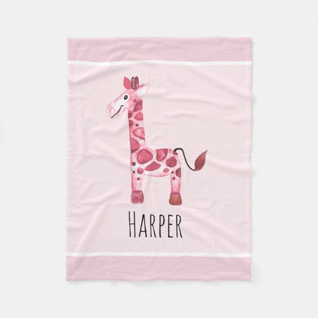 Couverture Polaire Girafe et nom de la petite fille Safari rose (Devant)