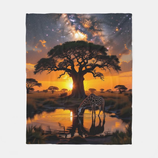 Couverture Polaire Giraffe Dîner de l'eau en Afrique Cosmic Sunset Fl (Devant)