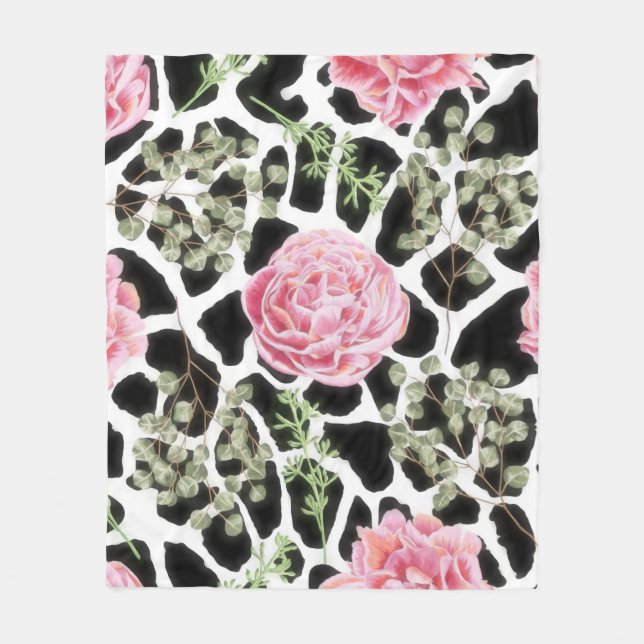Couverture Polaire Giraffe Imprimé noir et blanc avec des roses roses (Devant)