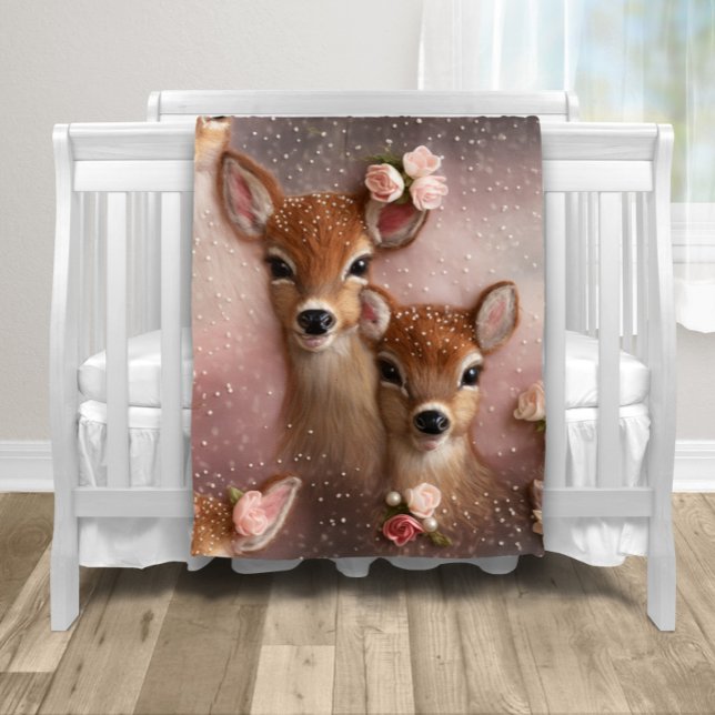 Couverture Polaire Girl Deer Floral Pearl (Adorable doe and fawn deer baby blanket. )