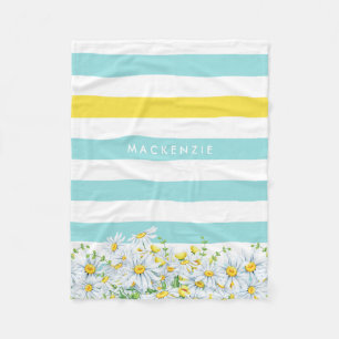 Couverture Polaire Girly Aqua Stripes avec marguerites jaunes et nom