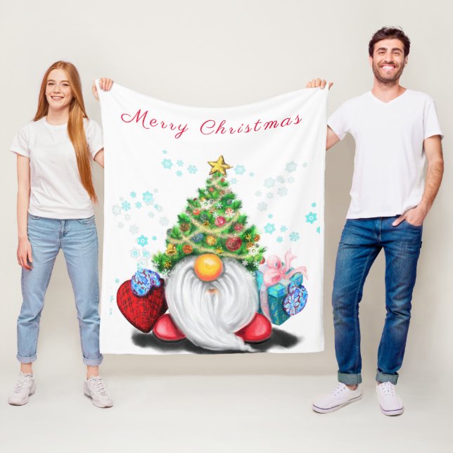 Couverture Polaire Gnome mignonne avec sapin de Noël Casquette Blanch (En situation)