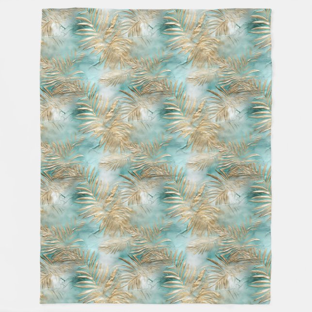 Couverture Polaire Gold Aqua White Feuilles tropicaux (Devant)