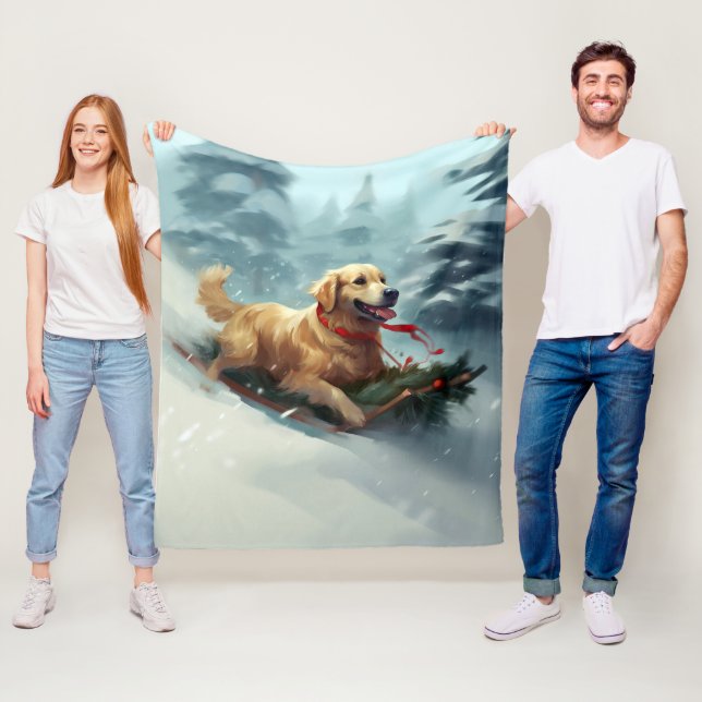 Couverture Polaire Golden Retriers Noël neige hiver (En situation)