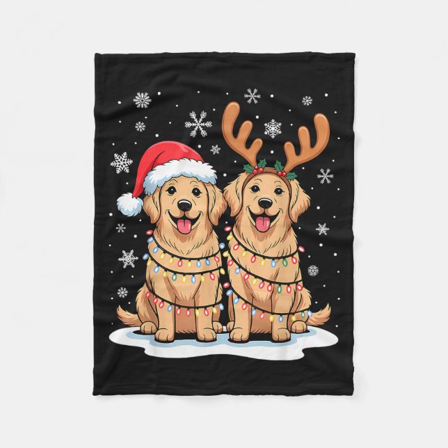 Couverture Polaire Golden Retriever Christmas Santa Hat Reindeer Ligh (Devant)
