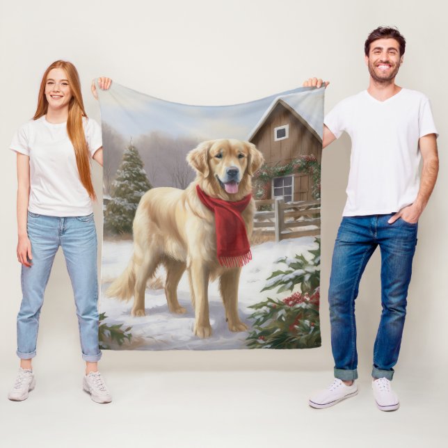 Couverture Polaire Golden Retriever Dog in Snow Christmas (En situation)