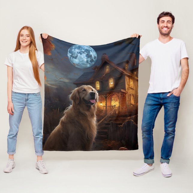 Couverture Polaire Golden Retriever Halloween effroi (En situation)
