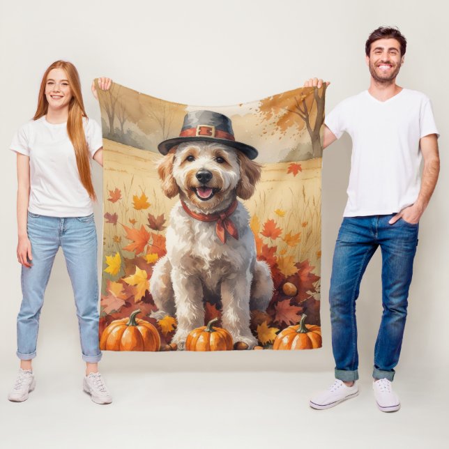 Couverture Polaire Goldendoodle À L'Automne Laisse L'Art Thanksgiving (En situation)