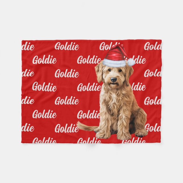 Couverture Polaire Goldendoodle sur rouge avec nom Chien de Noël (Devant (Horizontal))
