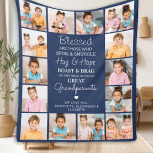 Couverture Polaire Grand-parents Custom Navy Blue Photo Collage