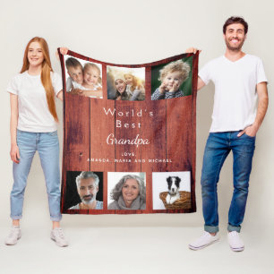 Couverture Polaire Grand-père photo collage bois brun rustique