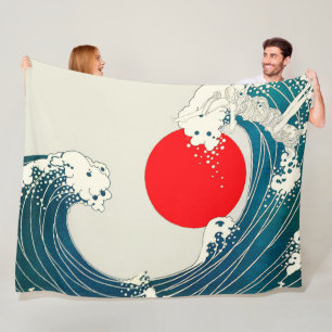 Couverture Polaire GRANDE VAGUE ET ROUGE SOLEIL Bleu Blanc Nautique