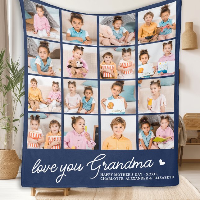 Couverture Polaire Grandma moderne Custom Navy Blue 16 Photo Collage (Créateur téléchargé)