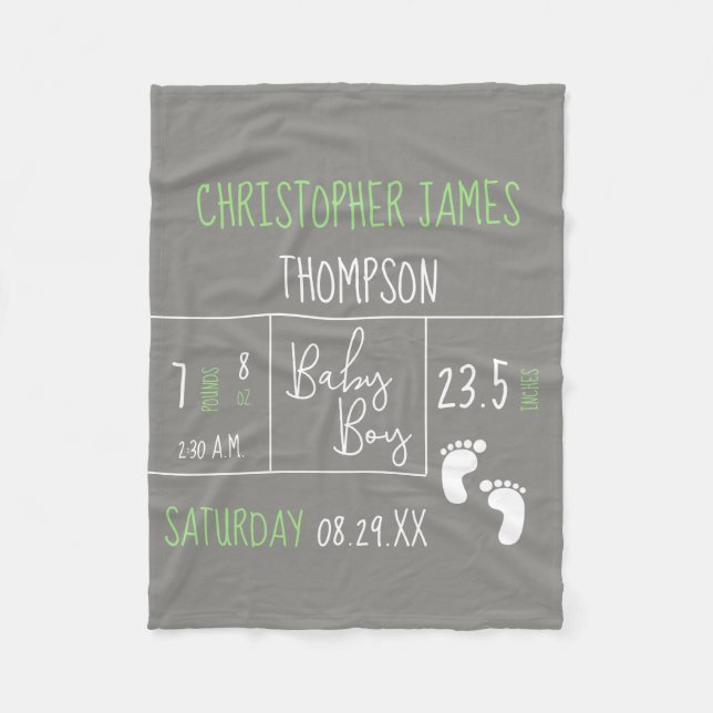 Couverture Polaire Green Grey Baby Nom du garçon Date de naissance et (Devant)