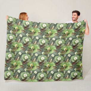 Couverture Polaire Grenouilles nénuphars verts et blancs motif