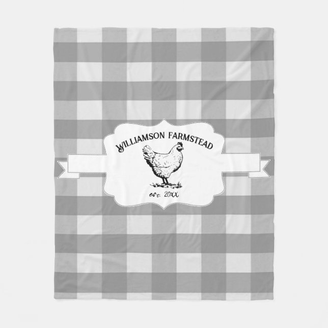 Couverture Polaire Gris Buffalo Plaid Agritourisme Poulet Toison Blan (Devant)