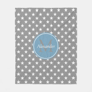 Couverture Polaire Gris de colombe et monogramme d'étoiles bleues de