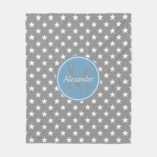 Couverture Polaire Gris de colombe et monogramme d'étoiles bleues de (Devant)