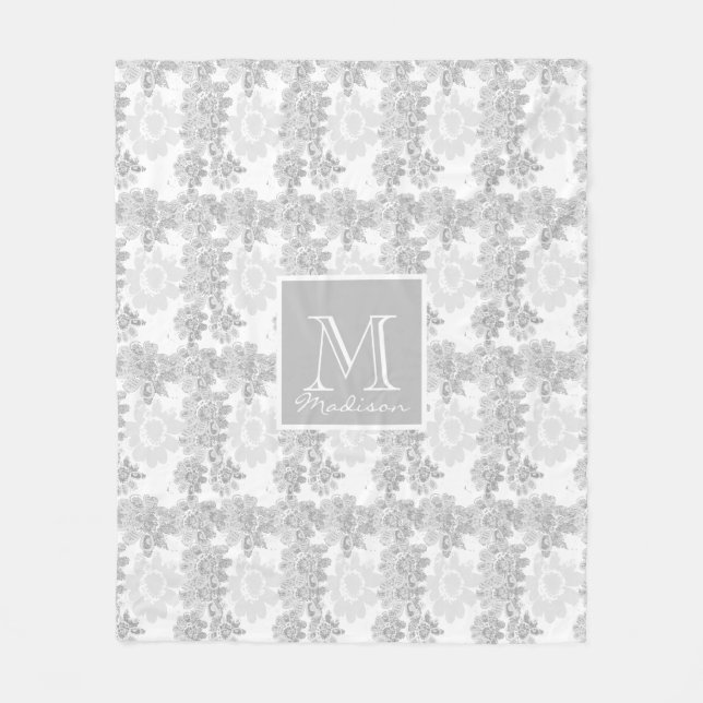 Couverture Polaire Gris et blanc Imaginaire Floral Monogramme (Devant)