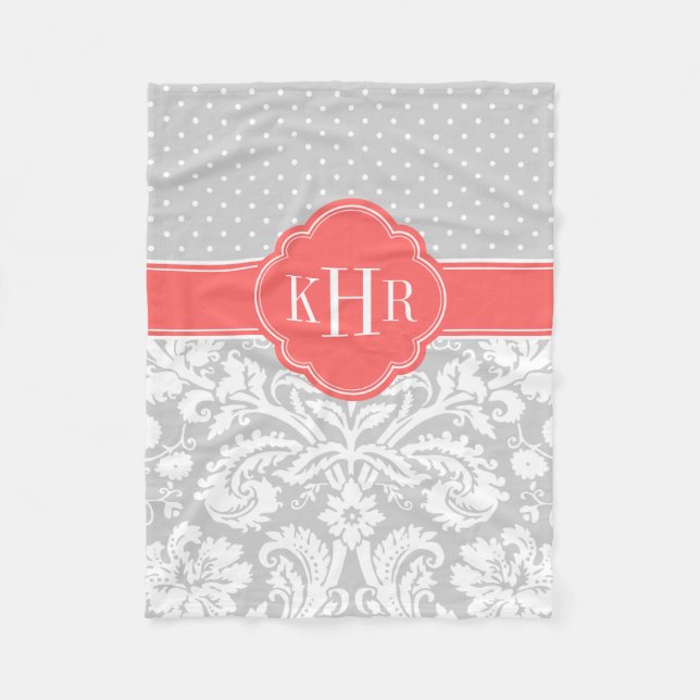 Couverture Polaire Gris et corail Damas Pois Monogramme (Devant)