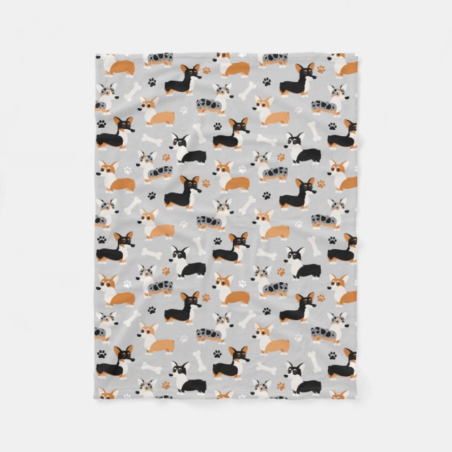 Couverture Polaire Gris Motif de Corgi (Devant)