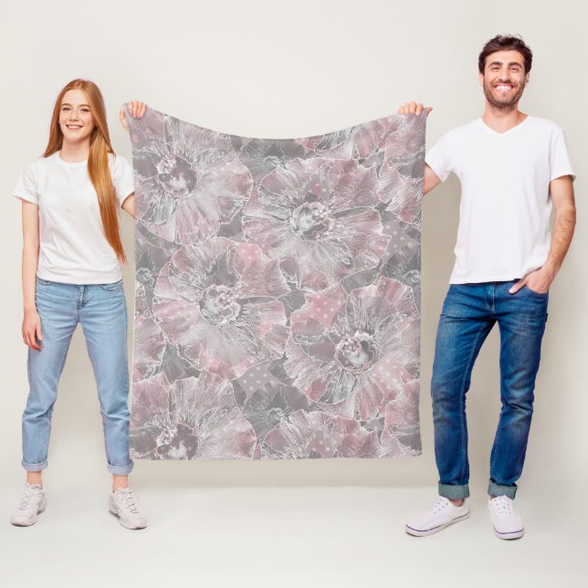 Couverture Polaire Gris rose, grandes fleurs design (En situation)