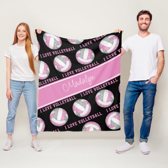 Couverture Polaire gris rose J'aime volleyball texte motif (En situation)