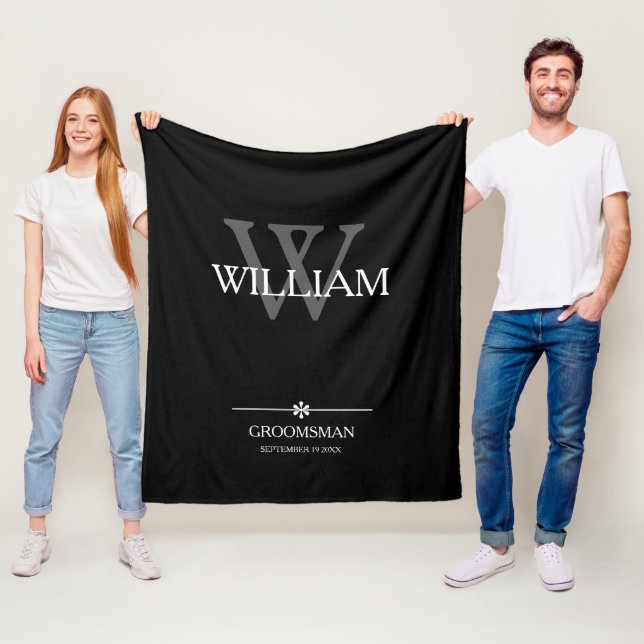 Couverture Polaire Groomsman Nom Cadeau Date Élégant Chic Cosy Noir (En situation)