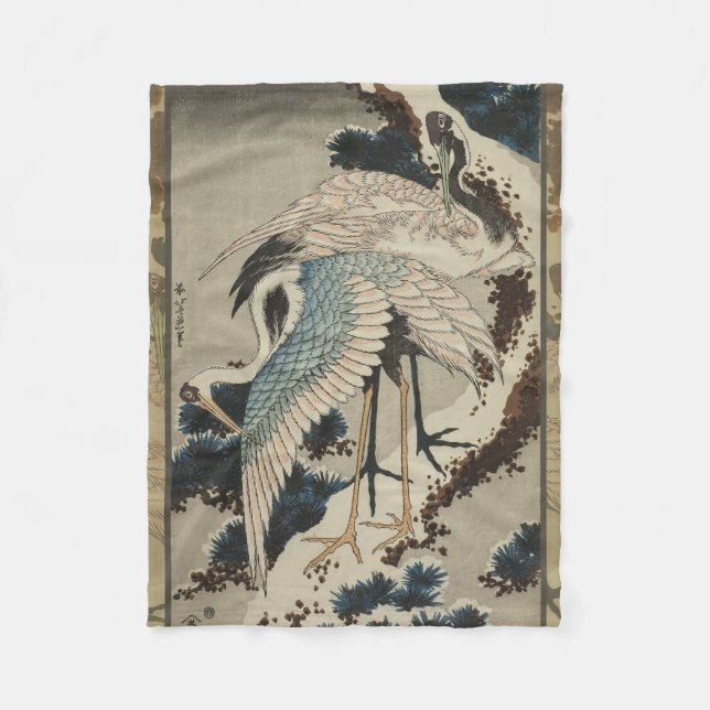 Couverture Polaire Grues sur un pin couvert de neige Hokusai (Devant)