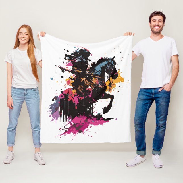 Couverture Polaire Guerrier équitation cheval en aquarelle (En situation)