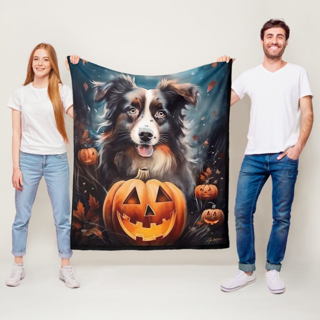 Couverture Polaire Halloween Berger Australien Avec La Peur Citrouill (En situation)