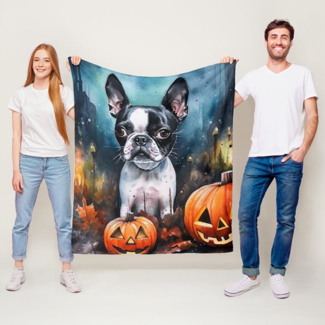 Couverture Polaire Halloween Boston Terrier avec la peur Citrouille (En situation)