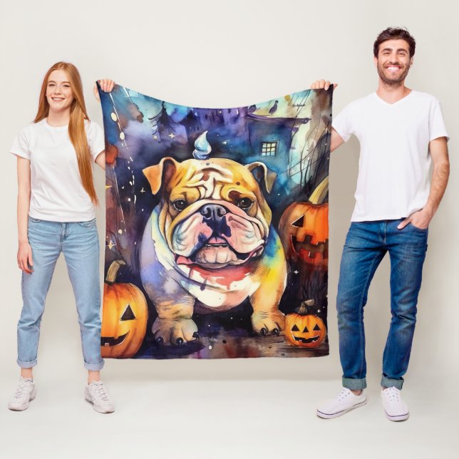 Couverture Polaire Halloween Bulldog avec la peur Citrouille (En situation)