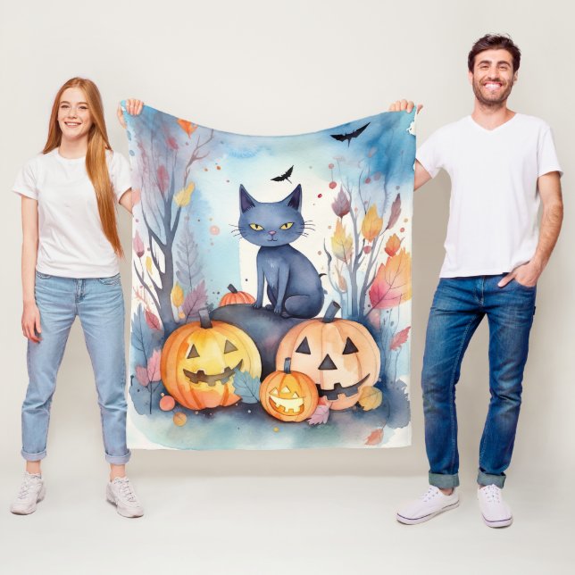 Couverture Polaire Halloween Chat Bleu Oriental Avec Peur Citrouille (En situation)