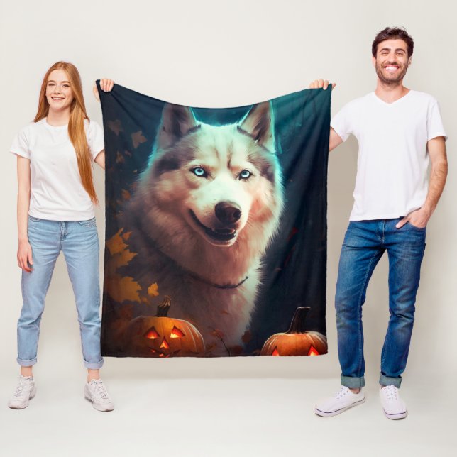 Couverture Polaire Halloween Husky Sibérien Avec La Peur Citrouille (En situation)