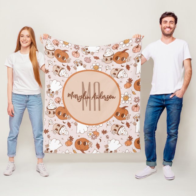 COUVERTURE POLAIRE HALLOWEEN RETRO CITROUILLES SUPER ET GHOSTS (En situation)