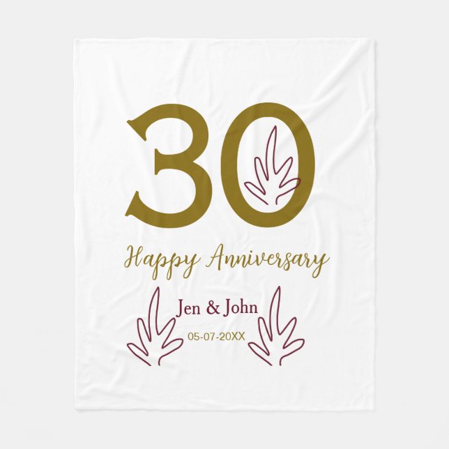 Couverture Polaire Happy 30th anniversary name date golden red leaf (Devant)