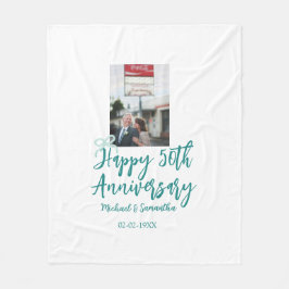 Couverture Polaire Happy 50th anniversary photo turquoise bow name da