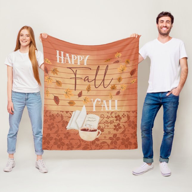 Couverture Polaire Happy Fall Y'all avec café et feuilles d'automne (En situation)